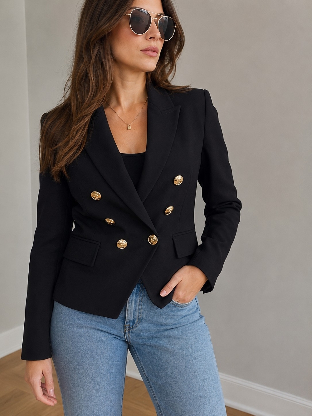 Balmain Paris Black DoubleClassic Black Double-Breasted Blazer with Gold Buttons